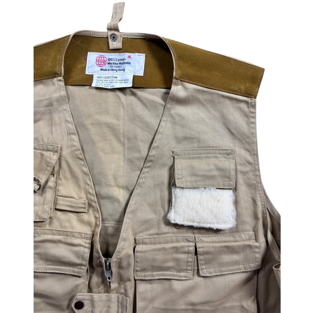 Vintage Seaway Mens XL Cotton Utility Fishing Vest Tan Multi Pocket Fly Patch
